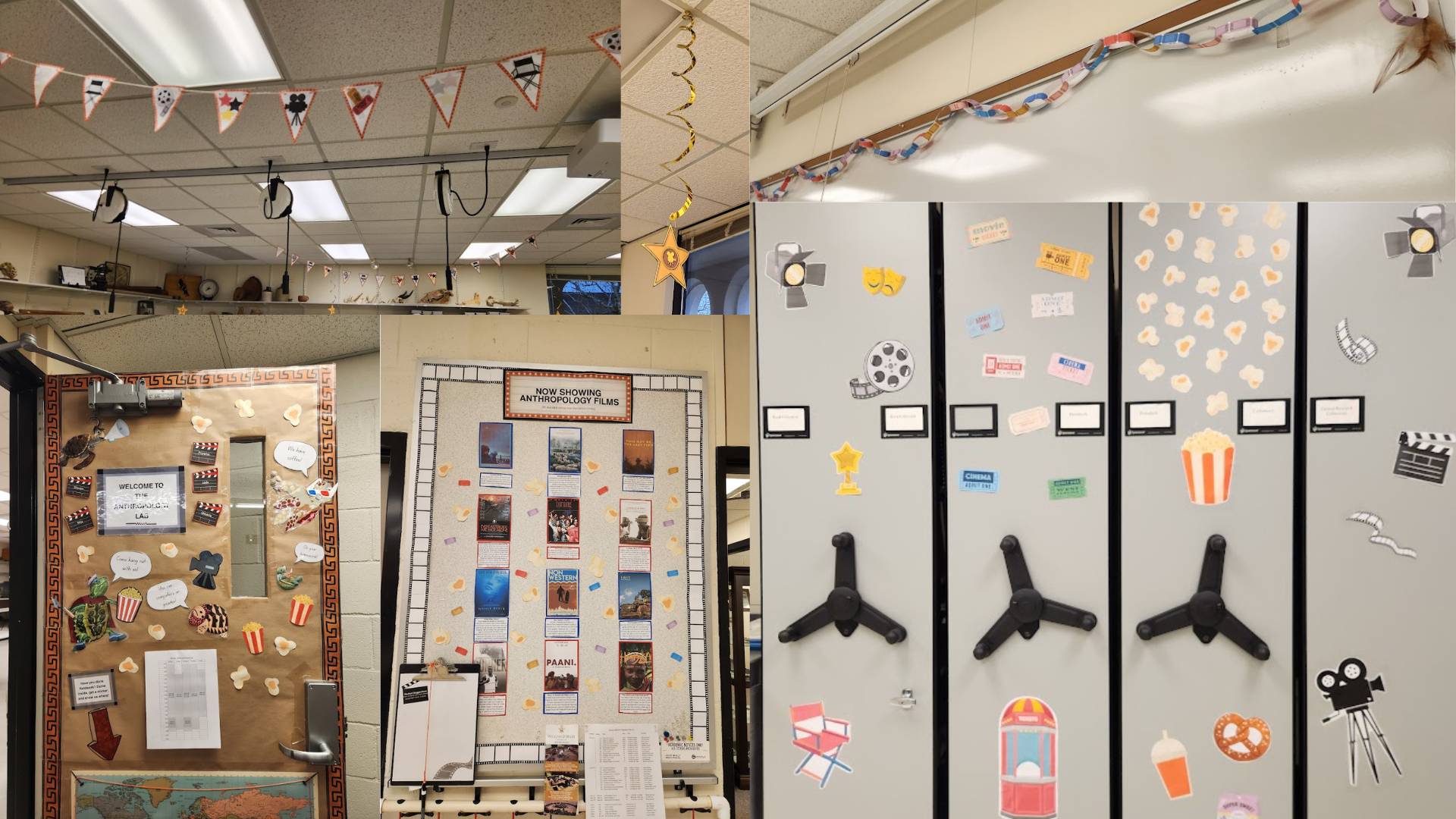 Sign saying "Now Showing Anthropology Films" with a bunch of pictures of related films. Popcorn and popcorn buckets decorate the space and there are streamers hanging from the ceiling.